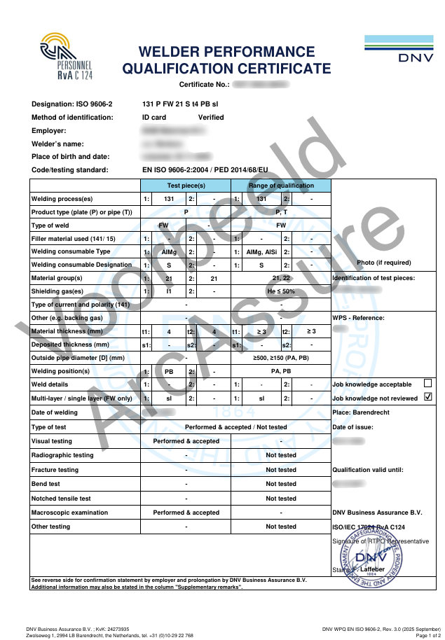 ArcAssure voorbeeld LK lasserskwalificatie EN ISO 9606-2 PED 2014-68-EU